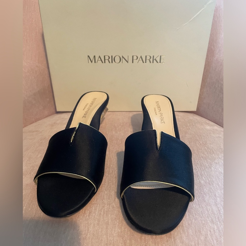 Marion  Parke Toscana Barbie Slide NIB Satin Shoe in Black w/Gold Trim Size 36.5